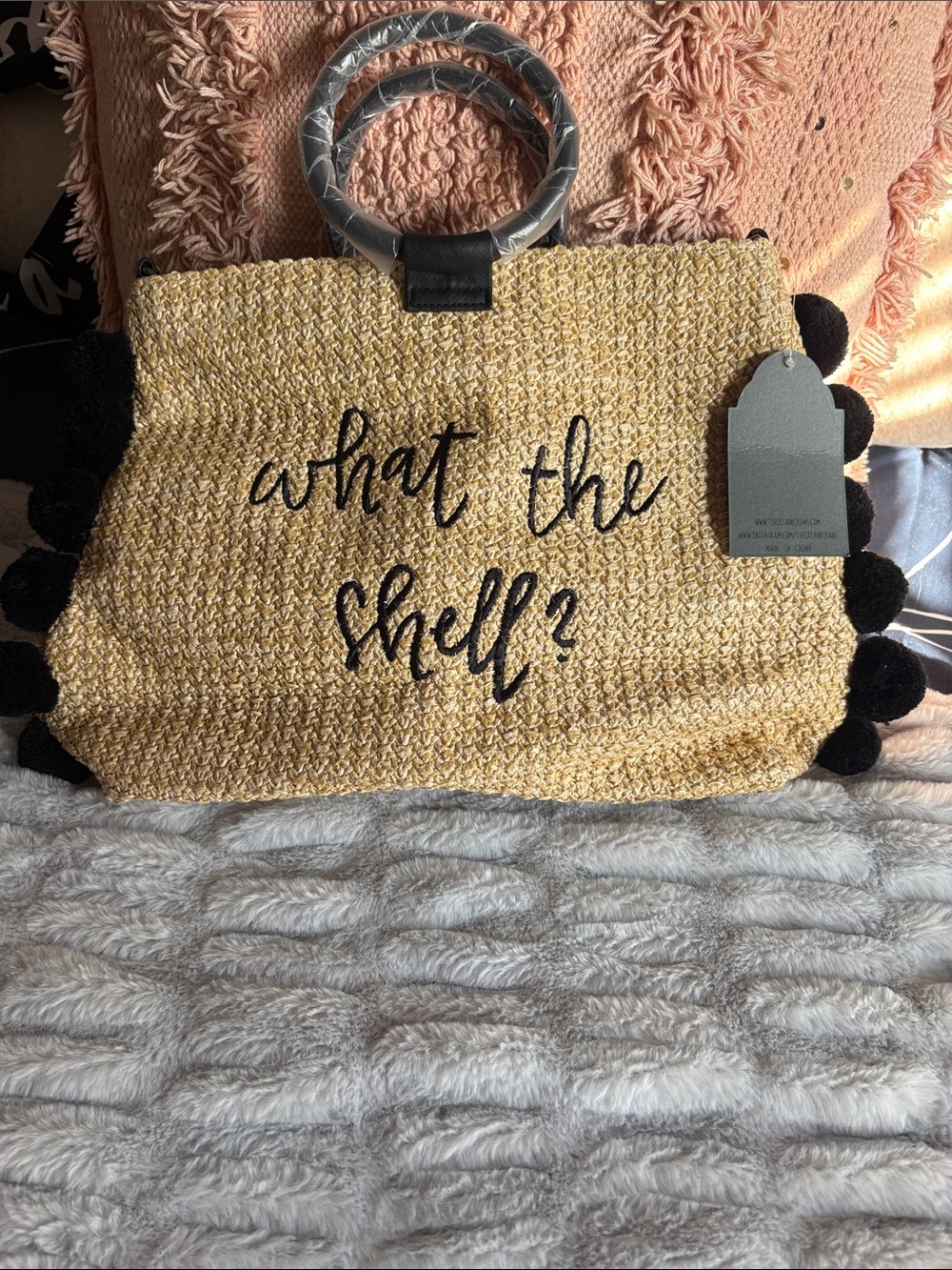 Straw Tote Bag "What the Shell?" – Natural with Black Accents